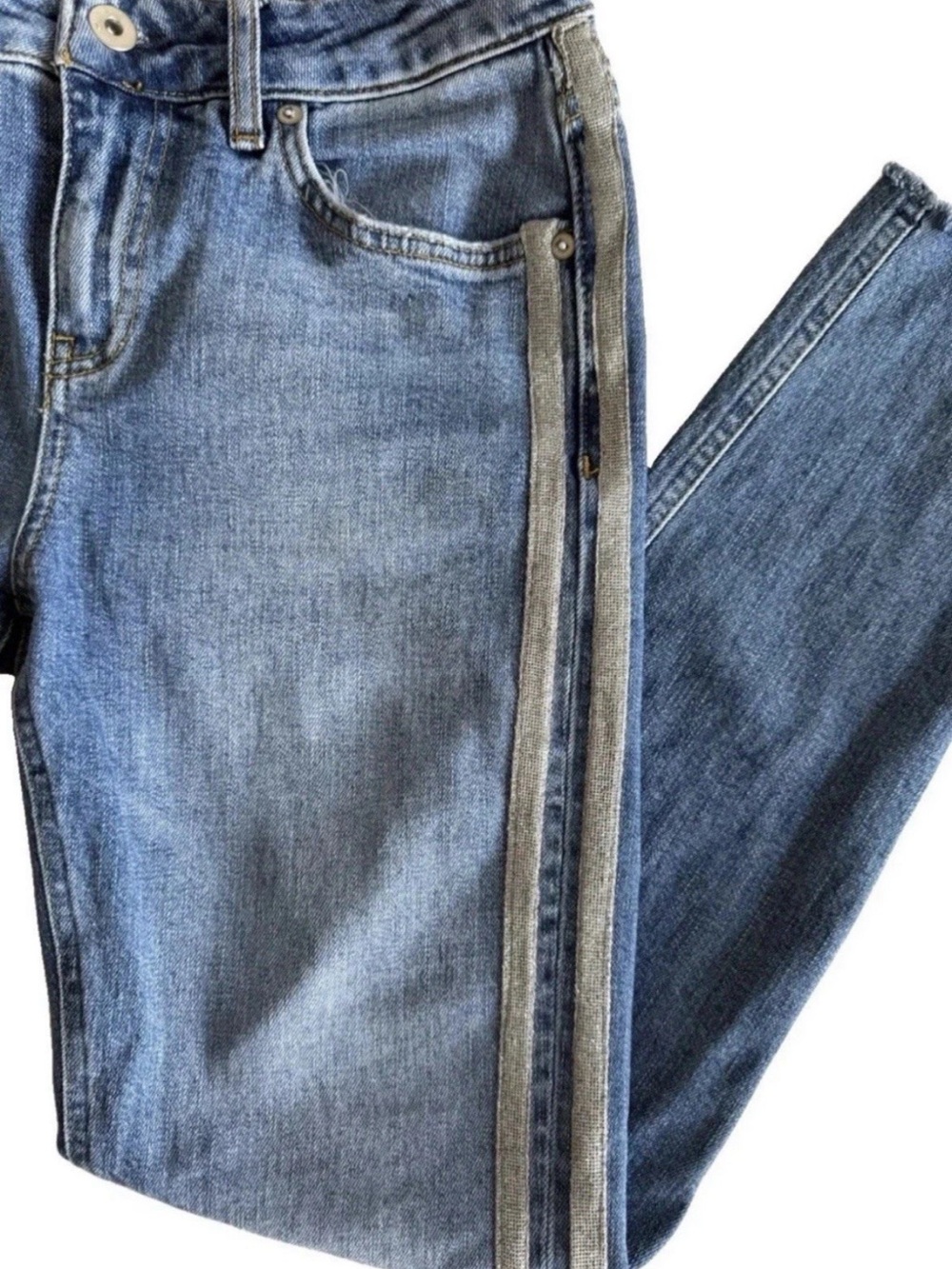 Anthropologie Pilcro Side Tuxedo Stripe Jeans Women Silver Glitter Crop Denim 26 - Picture 9 of 16